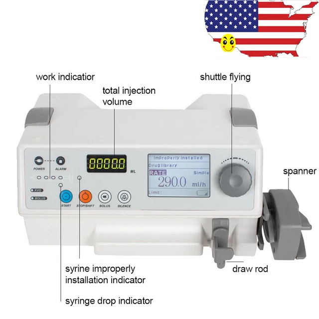 NEWEST Injection Infusion Syringe Pump Injector Audible Visual Alarm Fluid Warm