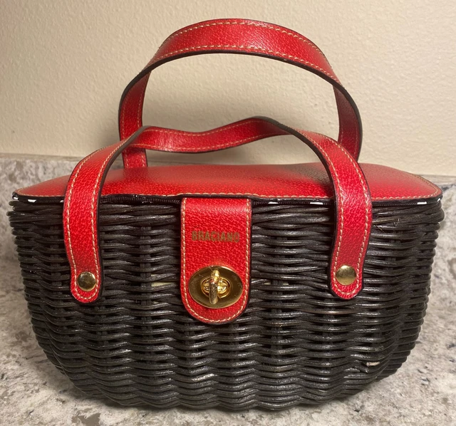 Braciano Wicker Basket Handbag - Purse - Black and Red - Polka Dot inside - CUTE