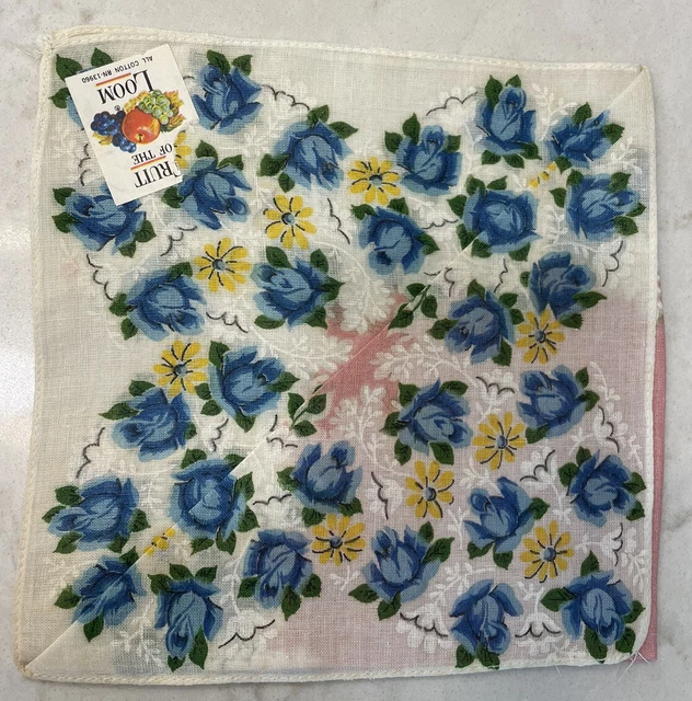 Vintage Ladies Fruit of the Loom Handkerchief Blue Roses Yellow Daisies