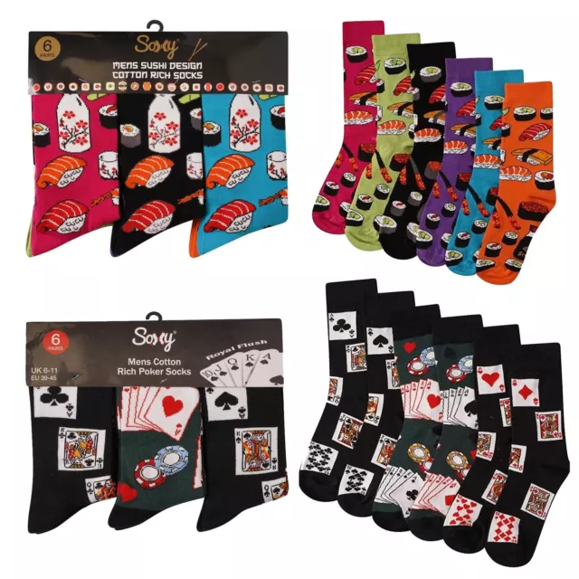 Mens Soxy 6 Pack Designer Novelty Cotton Rich Poker Sushi Vibrant Design Socks