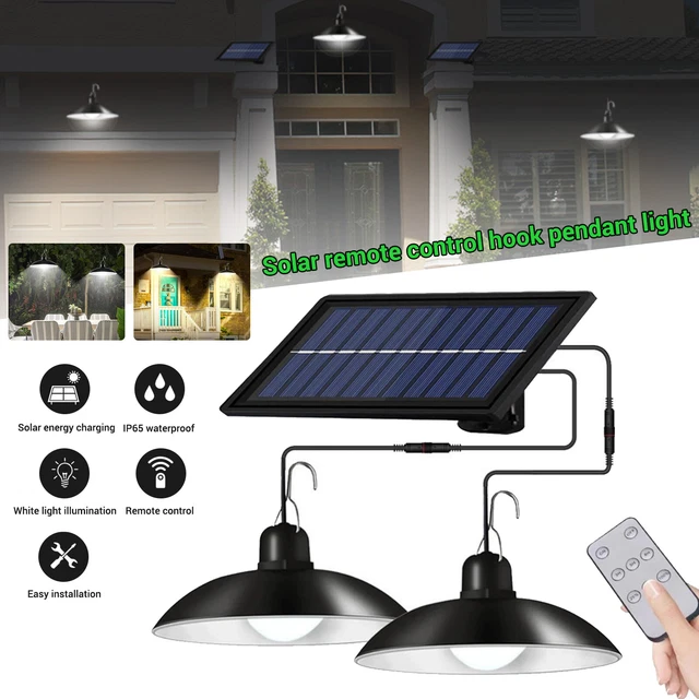 Solar Powered Pendant Hanging Light Lamp LED 2 Heads Garden Yard Shed Lighting
