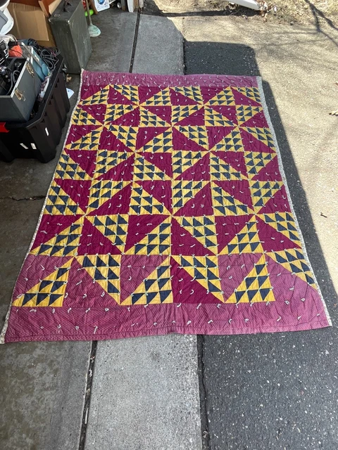 Vintage Antique Patchwork Handmade Quilt Bedspread Hand Sewn Geometric Pattern