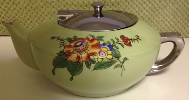 Vintage Hand Painted Ceramic Teapot Metal Lid Made in Japan Art Deco Floral