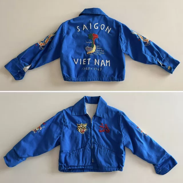 VTG 60s Childs Vietnam Saigon 1968 / 69 Blue Souvenir Tour Jacket Toddler Dragon