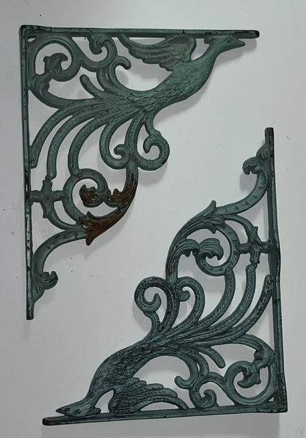 SET of (2) VINTAGE VICTORIAN SCROLL CAST IRON WALL SHELF BRACKETS with birds