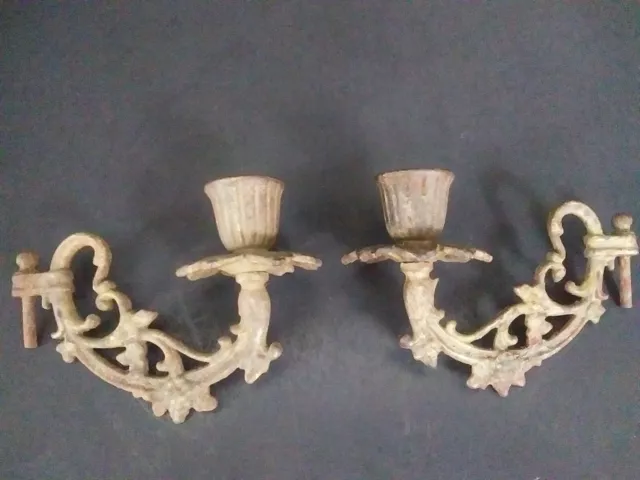 VTG/ Antique Pair Painted Candle Stick Holders Metal Wall Mount/ Sconce Ornate
