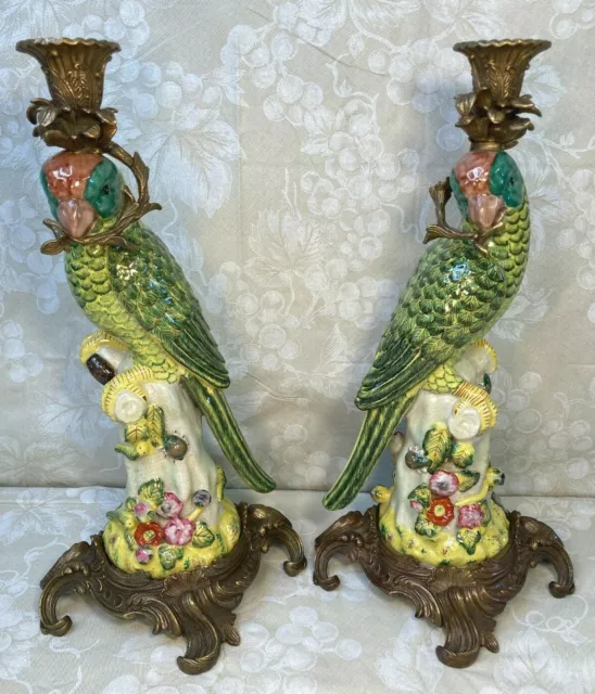 2 Bronze Mounted Porcelain Parrot Candle Holders Circa 1870 Red #s on Bottom