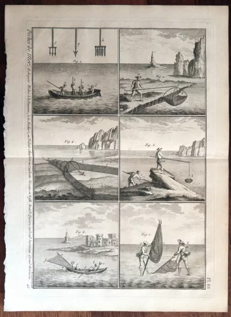 Stampa antica 1789 Pesca Mare Reti Tridente Encyclopedie Panckoucke Diderot