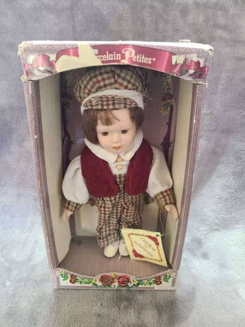 Dandee Genuine Fine Bisque Porcelain 9" Petite Boy Doll w/ Plaid Clothes
