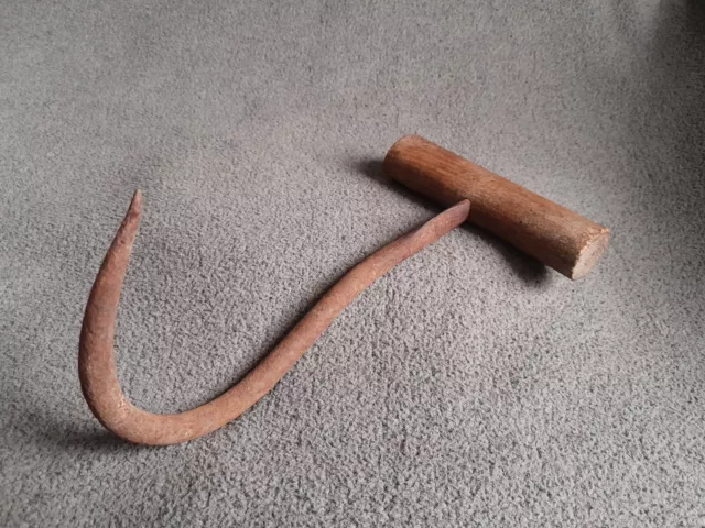 Antique Farm Primitive Hay Hook Hand Tool Iron With Wood Handle