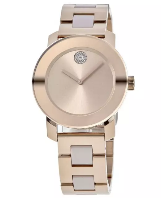 Nuovo Orologio Donna Movado Grassetto Ceramica Rosa Tono Oro Quadrante Metallico 3600639