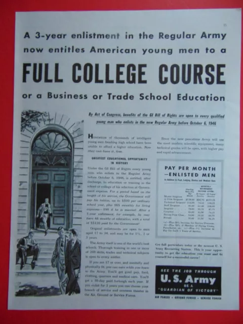 1946 Enlistment in Regular ARMY Get Full College Course photo art print ad