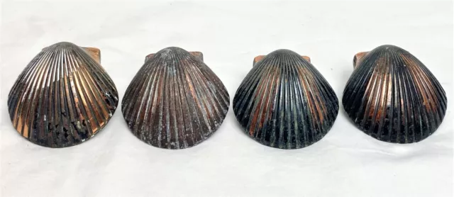 vintage brass, scallop clam sea shell drawer pulls knobs X 4 beach house cabinet