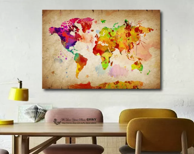 Watercolour World Map Stretched Canvas Print Framed Wall Art Home Decor Painting