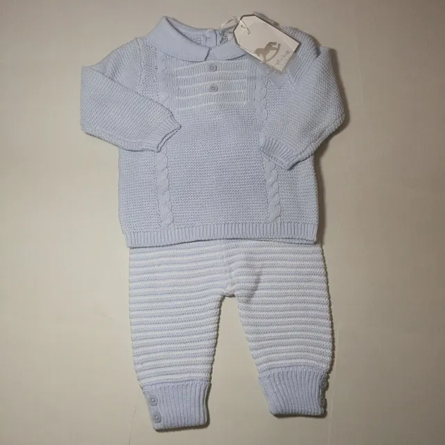 Baby Boy Knitted 2 piece set Blue cotton Jumper and Trousers Spanish  3-6 month