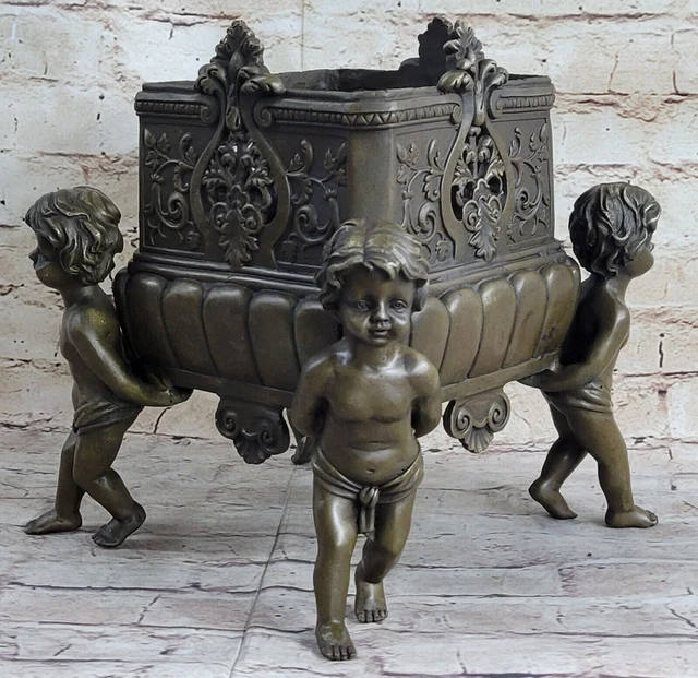 Art Déco Victoriano Estilo Cuatro Bebé Ángel Querubines Florero Bronce Estatua