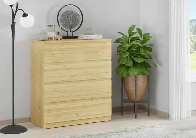 Commode bois massif 5 tiroirs Iris - Naturel - Poignées Bois