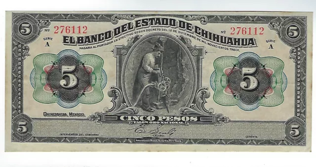 Mexican Currency El Banco Del Estado De Chihuahua 5 Pesos 1913