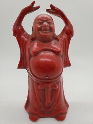Vintage Buddha Foti Statue Signed Chalkware Rare Red 6.5” Buddhist Figurine 1975
