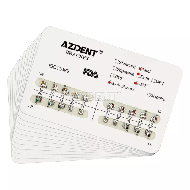 AZDENT Dental Ortho Brackets Braces Mini/Standard Roth/MBT 018/022 3/Hooks 3-4-5