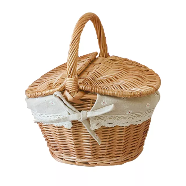 Wicker Woven Picnic Basket Hamper With Lid Camping Food Hand Storage Containers