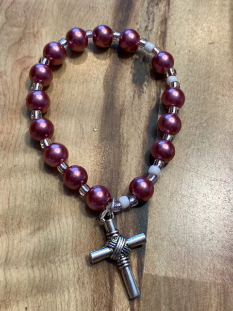 Vintage 15 Bead Rosary Stretch Bracelet Cross Glass Pink Beads Silver Tone