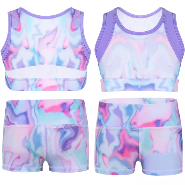 Kids Girls Dance Outfit Crop Top+Booty Shorts Gymnastics Leotard Sport Dancewear