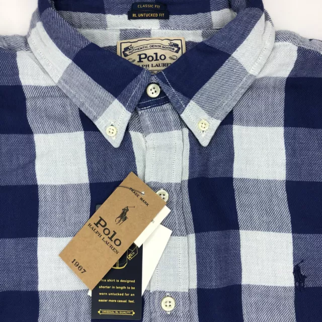 Polo Ralph Lauren Men's Large Blue Flannel RL Untucked Fit Long Sleeve Shirt NWT