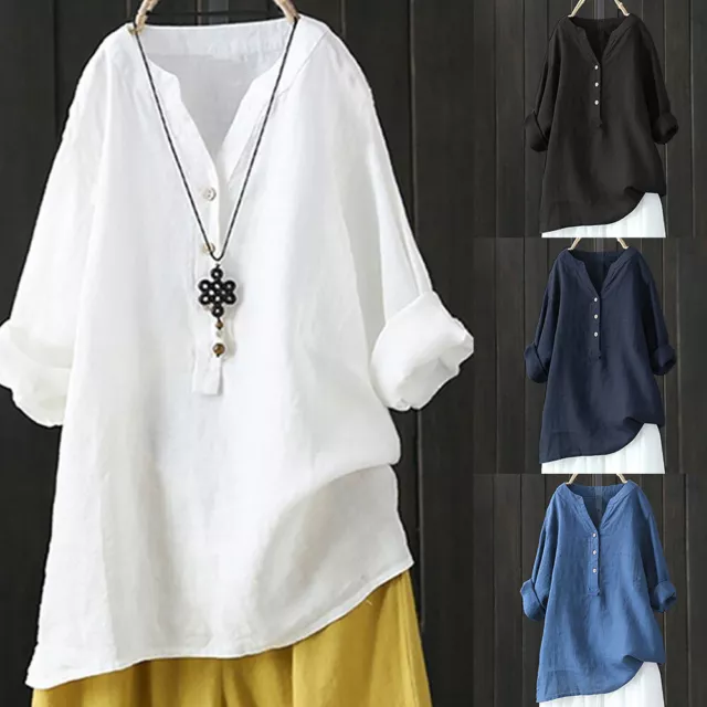 Women Shirt Loose Button Down Blouse Tops Stand Solid Sleeve Collar Long Casual