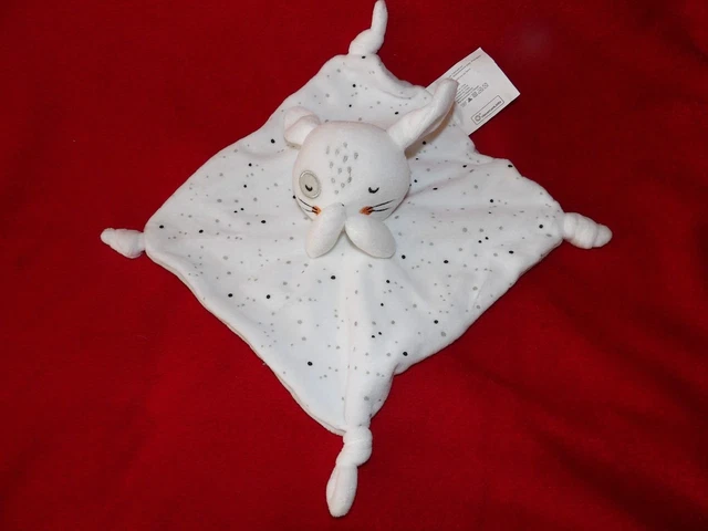 Doudou Plat Siplec Leclerc Lapin  Blanc Pois Noir Et Gris Neuf
