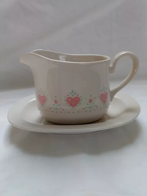 Vintage Corelle Forever Yours Gravy Boat and Saucer Beige w/Pink and Blue Hearts