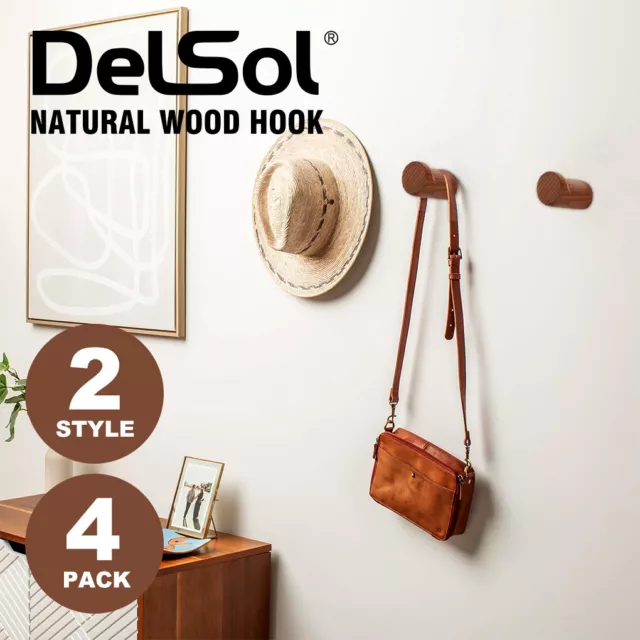DelSol 4X Natural Wood Wall Mounted Hooks Clothes Coat Hat Hanging Rack Hanger