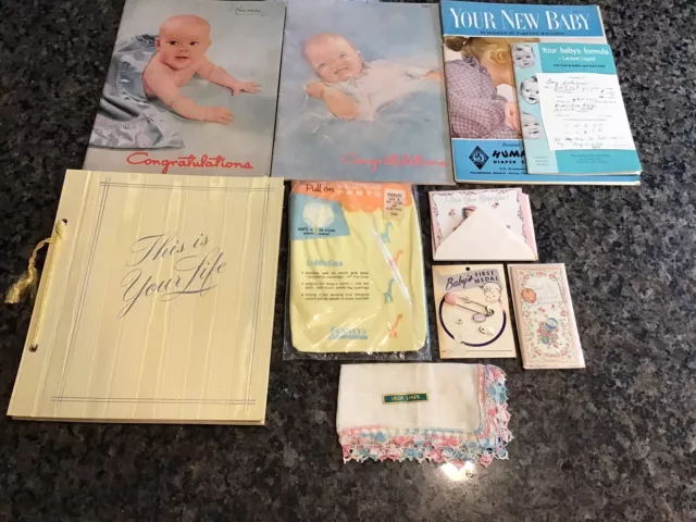 Vintage 50's NEW BABY BOOK By CR GIBSON Parchment Cards Diaper Pants Irish Linen