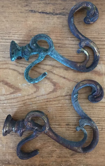 Pair Vintage Solid Brass Distressed Hollywood Regency Curtain Tieback Hooks 4.5"