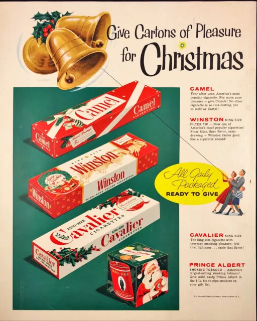 1955 Camel Winston Cavalier Cigarettes Print Ad Christmas Gift Ringing Bells