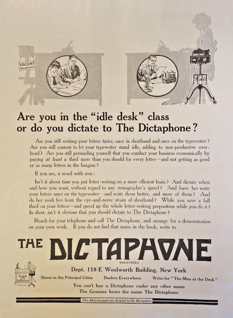 1917 DICTAPHONE Vintage Print Ad FULL PAGE 9x12" Original Advertisement Art