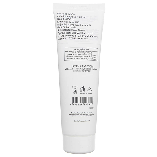Dentifrice Urtekram à L'eucalyptus Sans Fluor - 75 Ml - Produit De Soin Quotidien Neuf