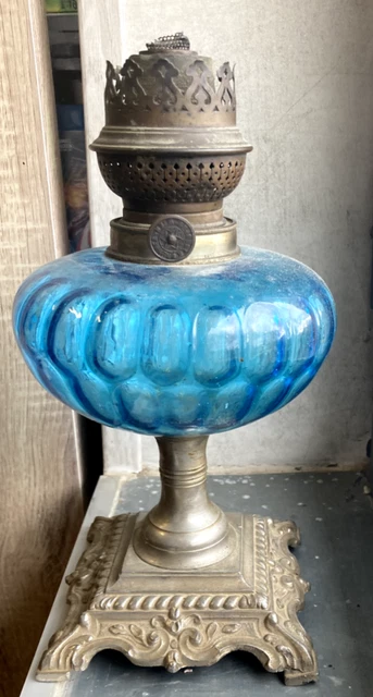 Antik Lampe Öl Tank Glas Getönt -blau Vintage Säule Empire