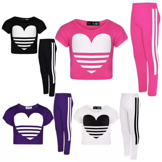 Girls Tops Kids Designer's Heart Print Crop Top & Fashion Legging Set 5-12 Years