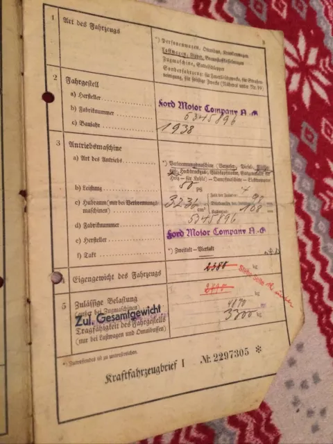 Ford Fordson LKW Dokumente 1938 Welsch Papiere Brief Offen Kasten 3236ccm 50PS