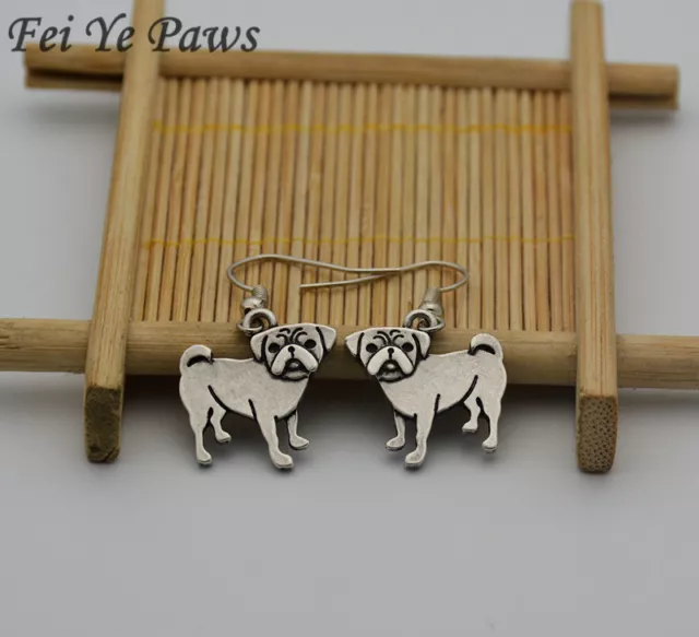 Stunning Pair silver tone Pug Dog earrings. Must see...In organza gift bag