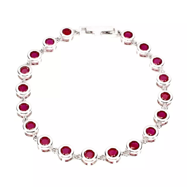 Heated Round Red Ruby 4mm 14K White Gold Plate 925 Sterling Silver Bracelet 7