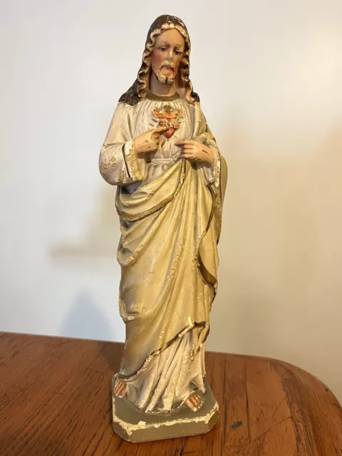 Vtg Distressed 12.5" Chalkware Garden Figure Statue Sacred Heart of Jesus