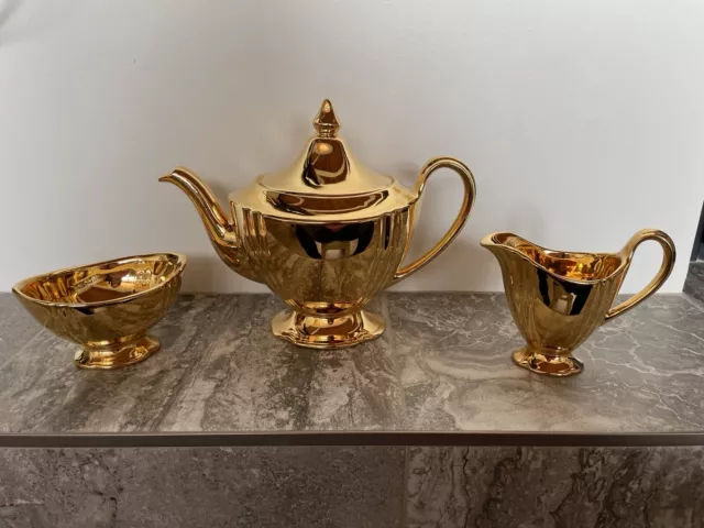 Vintage Royal Winton Grimwades Gold Fired Teapot, Creamer & Sugar Bowl