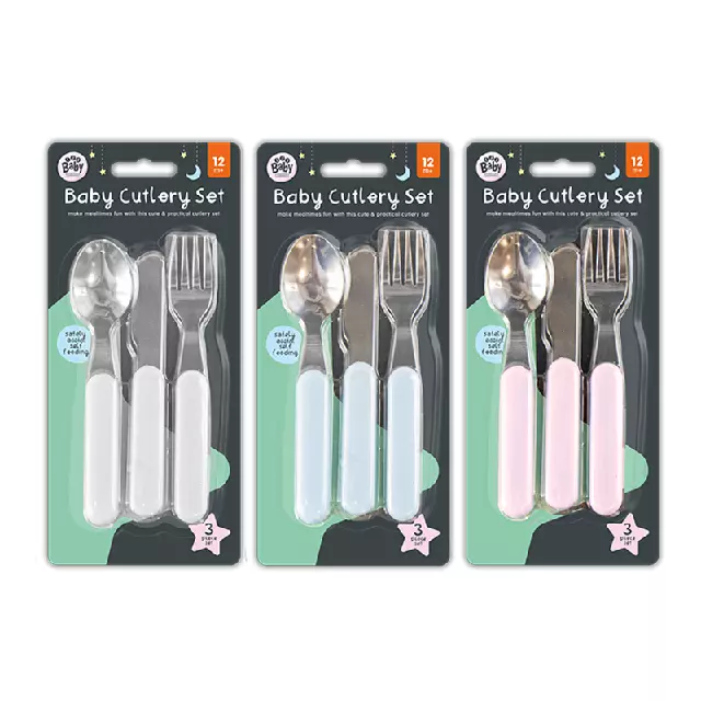 Baby Toddler 3 Piece Cutlery Set Knife Fork Spoon Blue, Pink or White 12 month+