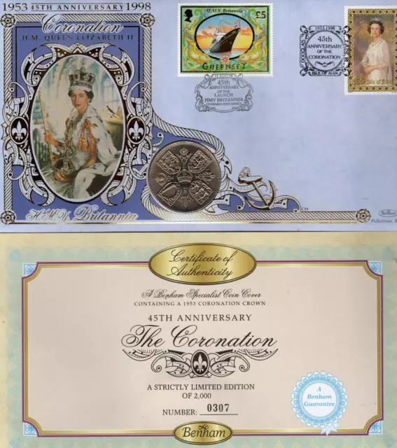 GB 1998 Benham silk 45th Anniv. of Coronation etc cover with GB 1953 5/-  coin