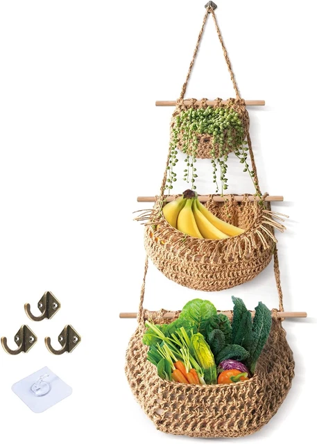 Hanging Fruit Basket, Handmade 3-Tier Jute Woven Wall Basket, BOHO Kitchen Wall