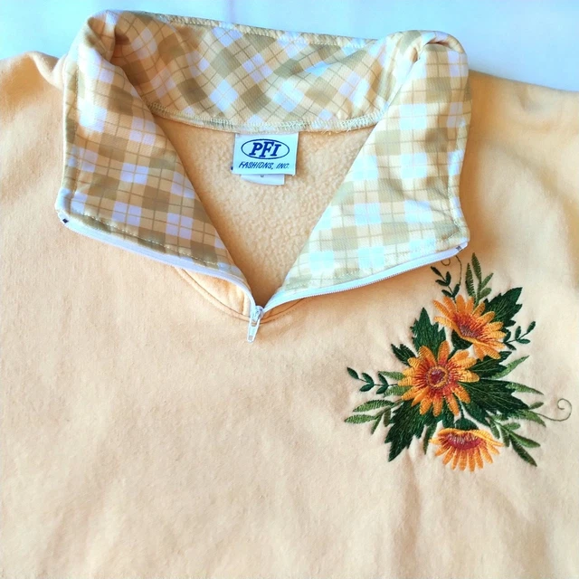Vintage yellow activewear sweatshirt embroidered flowers PFI Fashions M