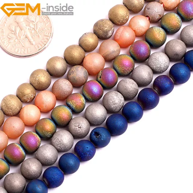 Metallic Titanium Coated Druzy Quartz Agate Round Beads For Jewellery Making 15"