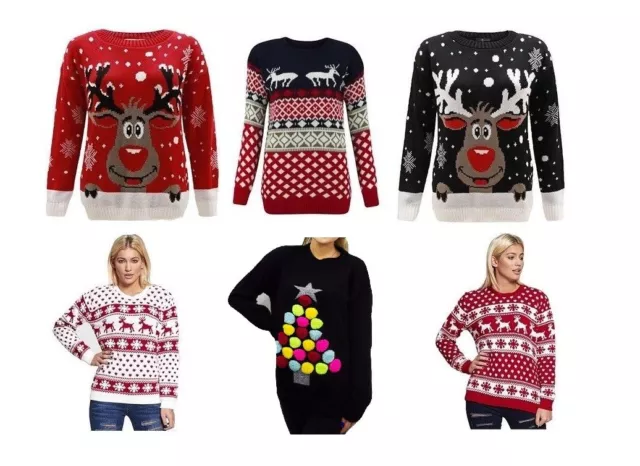 Ladies Womens Xmas Christmas Novelty Jumpers Sweater Rudolph Top Plus SIZE 8-24